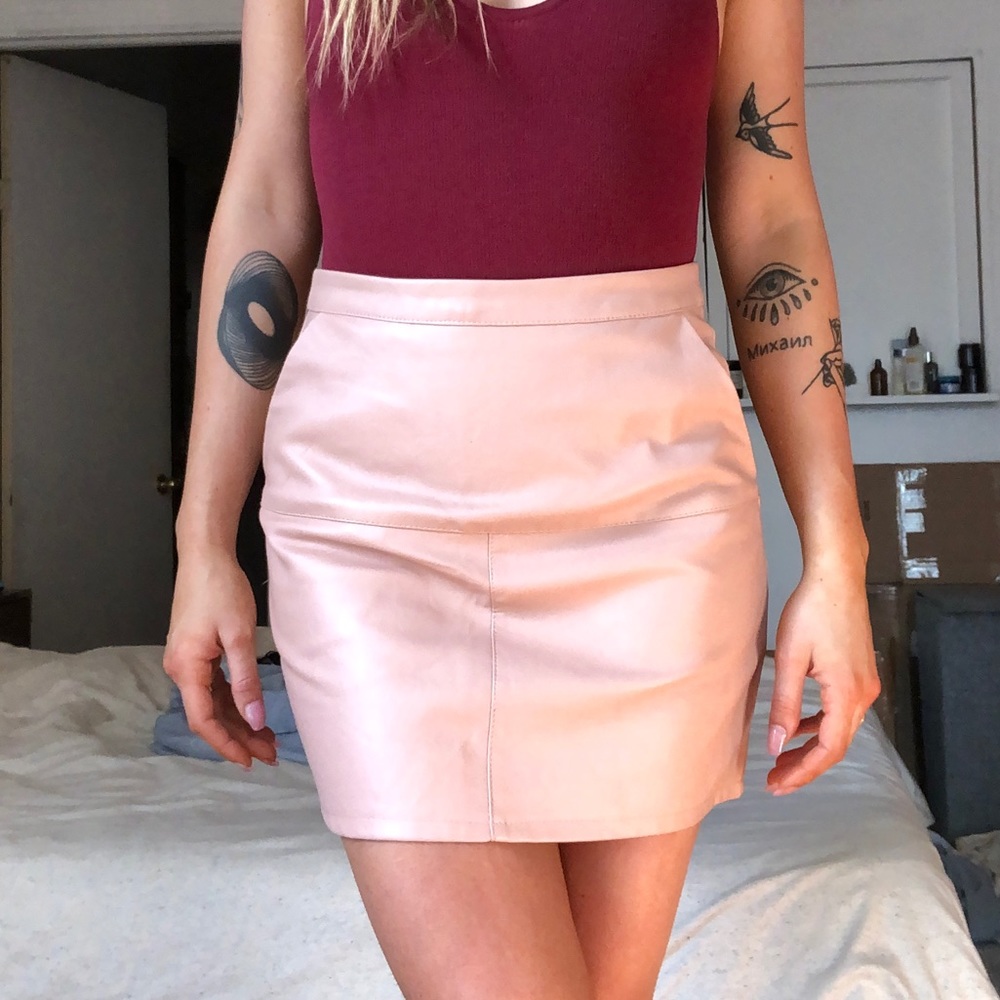 Pink vegan leather mini skirt